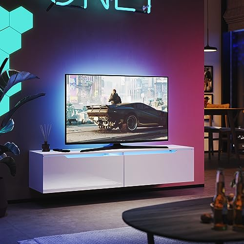 SUNXURY TV Schrank Hochglanz Weiß TV Board TV Lowboard mit LED Beleuchtung 140 x 35 x 30 cm Holz fernsehschrank Wohnzimmer
