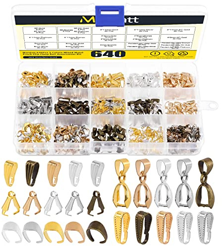 Mardatt 640Pcs 5 Styles Metal Pinch Clip Clasp Assortment Set, Snap on Dangle Bead Pendant Pinch Clip Bails Chain Connectors Snap Bail Hook for Necklace Jewelry Making
