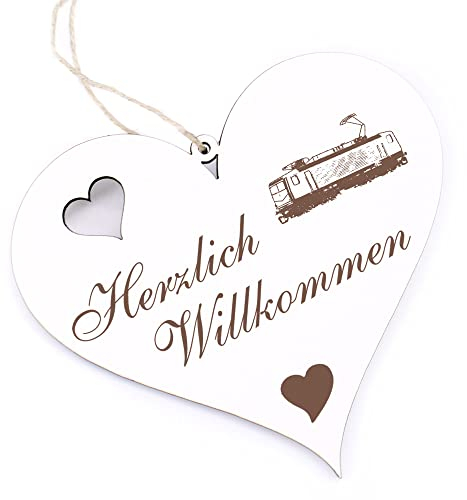 Herzlich Willkommen Schild - Lok - Deko Herz Holz Willkommensschild Türschild Dekoschild Türdeko