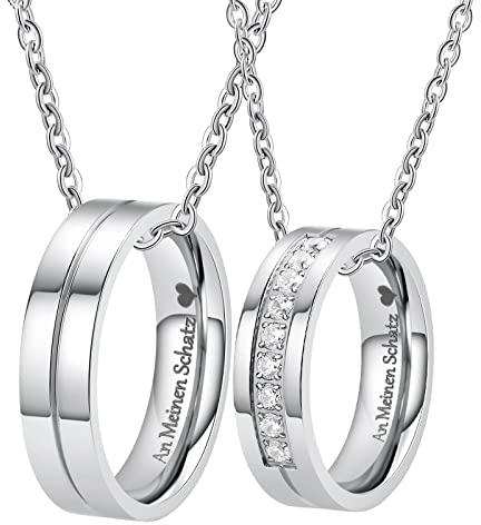Dsnyu Pärchen Halskette mit Ring Anhänger, Damen Herren Halskette Set mit Gravur An Meinen Schatz Herz, Edelstahl Kette mit Zirkonia 2 Stück, Silber 50 /60CM