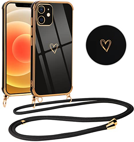 Vauki Handykette für iPhone 12 Mini Hülle mit Band, Handyhülle mit Kette, Herz Motiv, Ultra Dünn Stoßfeste Aesthetic Case mit Kordel zum Umhängen für iPhone 12 Mini 5.4, Schwarz