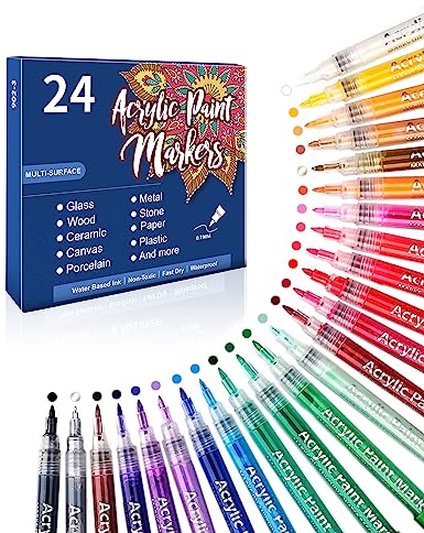 Maxesla Acrylic Paint Pens, Acrylic Pens for Painting Rocks Glass Stone Wood Ceramic Craft Supplies, 24 Vibrant Colors Acrylic Paint Markers with Water-Based Extra-Fine Tip 0.7mm