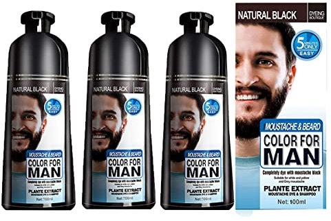 Tinte Negro para Barba y Bigote, Champú Instantáneo para Cabello Gris, Fácil Aplicación, Dura 30 Días, Ingredientes Naturales, Cuidado de la Barba (3 Piezas)