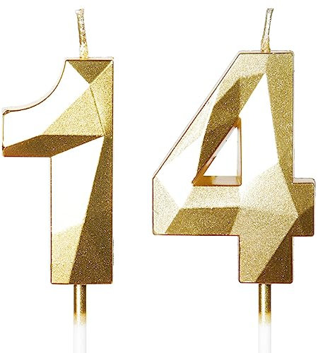 Bougies d'anniversaire pour 14 ans, bougie numéro 14, bougies dorées, bougie d'anniversaire pour gâteau, bougies d'anniversaire, décorations de gâteau pour fête d'anniversaire, mariage