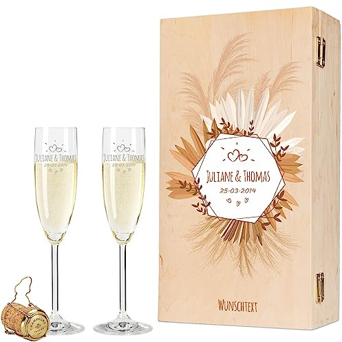 GRAVURZEILE Leonardo Sektgläser mit Gravur - Tropical Pampasgras Design - Personalisiert mit Namen & Datum inkl. Holzkiste - Geschenk zur Hochzeit Verlobung Jahrestag - Farbe: Sekt