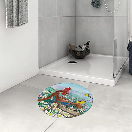 DHAEY round shower mat 23.6 Inch,Water Pump Gathering Spring Birds Daisies F Cardinal,Non-Slip and flannel Floor Carpet Circle Bath Mat for Tub,Shower,Bathroom,Living Room