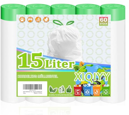 XIQIYY Bolsas de basura de 15 litros, con cordón, 60 unidades con asa, transparentes