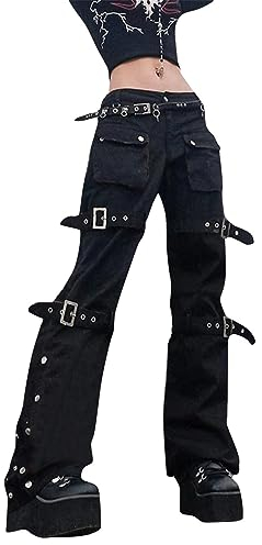 Gothic Bandage Damen Baggy Jeans Punk Style Egirl Schwarz Denim Hose Y2K Dark Academia Hight Waist Streetwear Hose-new1 ohne Gürtel-S