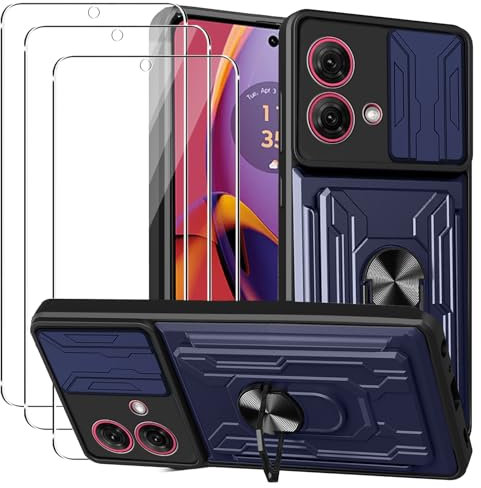 KZIOACSH Case for Motorola Moto G84,Built-in Kickstand+Slide Camera Cover+Removable Card Holder Military Grade Rugged Armor Case Anti-Scratch Bumper Cover with 3 Tempered Glass Screen Protector,Blue