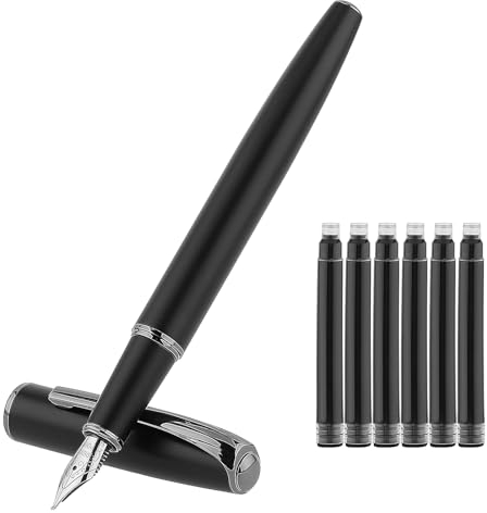 TIESOME Metal Fountain Pen Set, Fine Iridium Nib Fountain Pen with 6 2.6mm Black Ink Cartridges Matte Fountain Pens Smooth Writing Pen for Calligraphy Journaling Gift Office Business