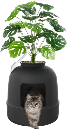 Lifewit Caja de Arena para Gatos con Planta Falsa y Pala, Bandeja de Arena Oculta con Control de Olores y Filtro de Carbón en Sala de Estar, Dormitorio, Esquina, Negro