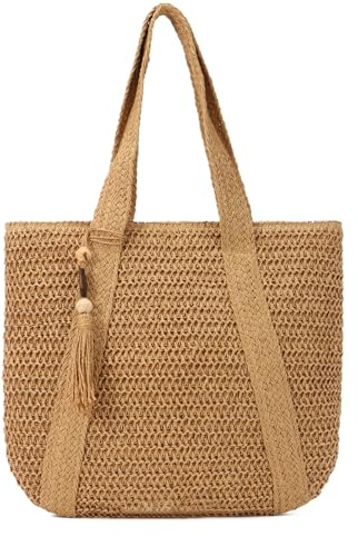 Syrads Sac de plage en paille pour femmes Sac fourre-tout tissé d’été Sac à main à bandoulière Boho Hobo Sacs,Marron