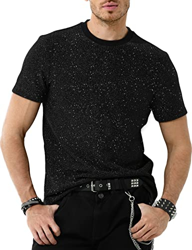 Mauro Kane Glitzer T-Shirt Herren Pailletten Kurzarm Tops Metallic Glänzend Shirt Party Oberteile Schwarz XL