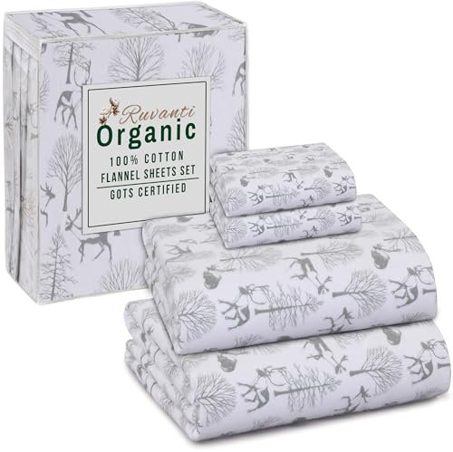RUVANTI Flanell-Bettlaken, Queen-Size-Größe, GOTS-zertifiziert, 100 % Bio-Baumwolle, 4-teilig, warm, weich und atmungsaktiv, tiefe Tasche, eng anliegende Passform, doppelt gebürstet, gemütlich