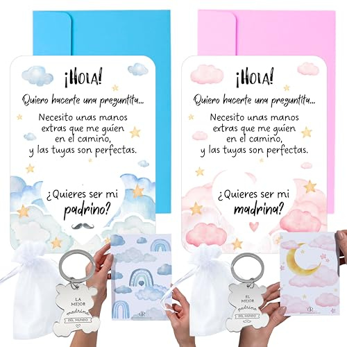 Tarjeta rasca ¿Quieres ser mi madrina y padrino? + llavero personalizado | Regalo original para madrina y padrino | 2 pcs + sobres de color | Tarjeta personalizada para anunciar el bautizo del bebé