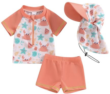 Costume da bagno per neonato, 3 pezzi, anti UV, maglietta a maniche lunghe + pantaloncini da bagno + cappello da sole, costume da bagno, piscina, Nataiton da spiaggia, arancione, 3-6 mesi