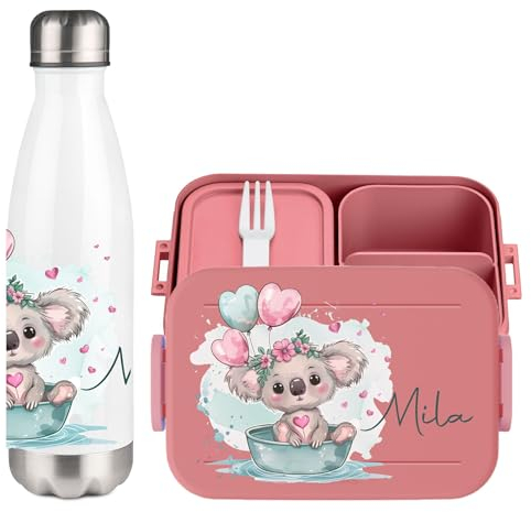 wolga-kreativ Set personalisierte Vesperdose und Kinderflasche für Mädchen und Baby Koala Motiv - Bento Box mit Fächern und Unterteilungen – Brotdose für Schule und Kindergarten