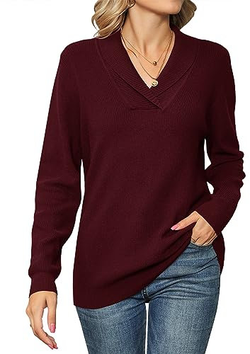 IECCP Ladies Jumpers V Neck Women's Long Sleeve Tops Lapel Knit Sweater Solid Color Pullover Wine Red L