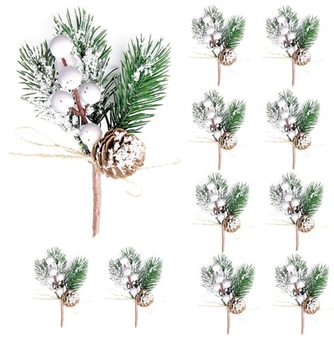 APMGONT Künstliche Beeren, 10 Stück Deko Zweige mit Beeren, Weihnachtsbeeren, Beeren Picks Holly Beeren Zweige, Weihnachtsbeeren Stiele, für Weihnachtsbaum Kranz Arrangement Heimdekoration (weiß)