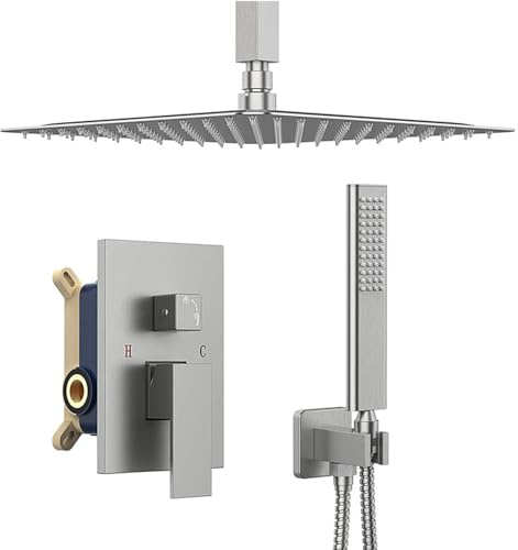 Duscharmatur Unterputz Set Gebürstet Quadrat Armatur Dusche Set 10 in Regendusche Duschbrause mit Schlauch