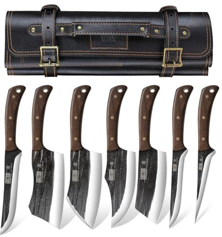 HOSHANHO Butcher Knife Set, Hand Forged Butcher Chef Knife Set with Roll Bag, Sharp Meat Cleaver Bone Chopper Fillet Knife for Home & Camping & BBQ Gift for Men