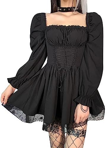DINGJIUYAN Long Sleeve Dress Women Square Neck Ruched Corset Mini Dresses Vintage Lolita Gothic Pleated Milkmaid Dress Black S