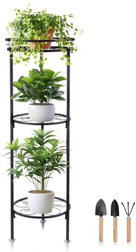 Mulaibdin Support Plantes Interieur Metal, Porte Plante Exterieur Balcon, 3 Niveaux Tabouret Plante Noir, Supports de Pots de Fleurs, Etagere Plantes Fer Forge avec Outillage de Jardinpour