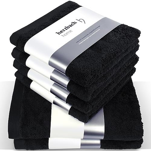 herzbach home Deep Black Kollektion | Set: 2X Duschtücher 4X Handtücher | 100% Baumwolle | Weich und Saugstark | Farbe: Schwarz