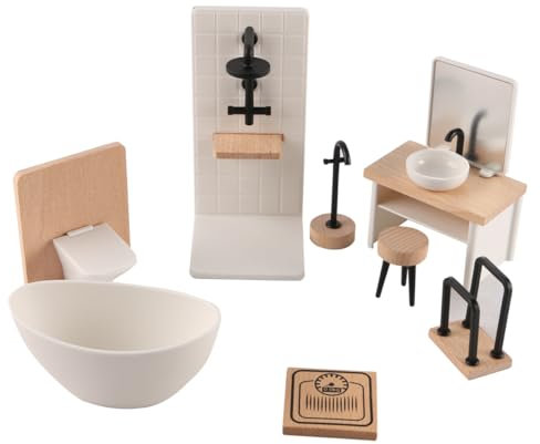 Sarini Ensemble de Salle de Bain pour Maison de poupée, modèle de Simulation Miniature, Toilettes, Baignoire, Armoire de Salle de Bain en Bois avec lavabo, 1 Ensemble