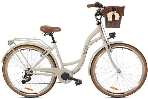 Goetze Mood 28 Zoll Damen Citybike, 18 Zoll Rahmen, 7-Gang Kettenschaltung, V-Bremse vorne & hinten, LED-Beleuchtung, Gepäckträger, Komfortsattel, Schutzbleche, Rattankorb mit Stoffeinsatz!