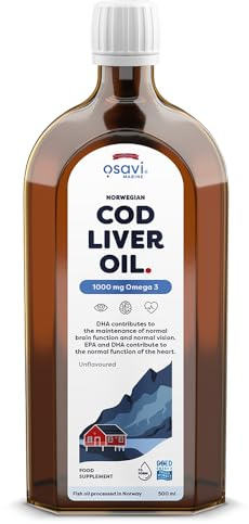 Osavi Norwegian Cod Liver Oil 1000 mg Omega 3 – 500 ml | Unflavoured | DHA & EPA für Gehirn, Herz & Sehgesundheit | Unterstützt das Immunsystem | Nachhaltig gewonnen aus Wildem Atlantischen Kabeljau