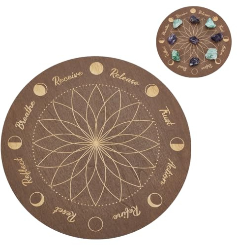 INFUNLY Moonphase – Planche en bois de 24 x 24 cm, motif fleur de vie, géométrie sacrée, plateau en bois mandala, plateau en cristal gris lotus pour bijoux, décoration d'intérieur