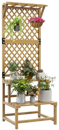 Outsunny Soporte para Plantas de Madera Estantería para Plantas de 2 Niveles Soporte para Macetas Exterior con Enrejado para Jardín Patio Terraza 60x50x166 cm Natural