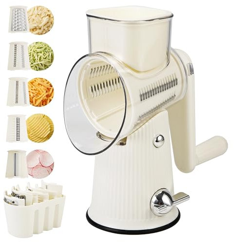 PDAENLKY Grattugia rotante per formaggio con manico 5 in 1, grattugia per formaggio a manovella con forte base a ventosa, affettatrice per verdure con 5 lame intercambiabili, scatola portaoggetti,