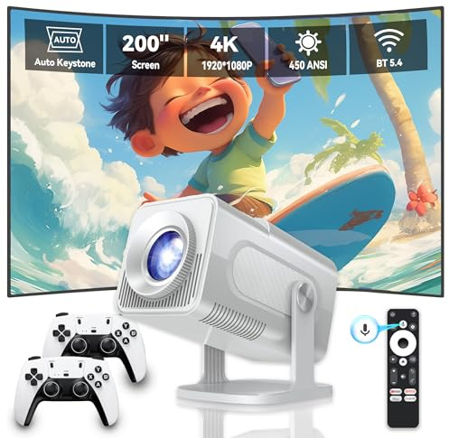 Mini Projector 4K With Voice Control, 200” Protable Smart Projector 1920*1080p with 2 Wireless Controller, Home Cinema Video Projector Built-in 30000 Games Support IOS/Android/Windows/WiFi/Bluetooth