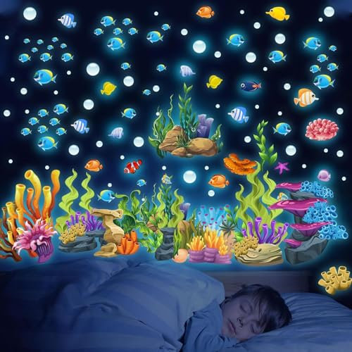 Unterwasserwelt Leuchtender Wandaufkleber, Leuchtsticker Fische Korallen See Maritim Wandsticker, Meerestiere Leuchtaufkleber Wandtattoo für Kinderzimmer Mädchen Jungen Schlafzimmer Babyzimmer Deko