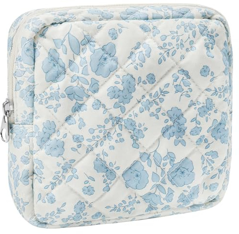 ZLFSRQ Small Quilted Makeup Bag for Purse Mini Quilted Pouch Cute Cotton Zipper Makeup Bag with Compartments Aesthetic Cosmetic Bags for Women Coquette Travel Toiletry Bags Lipstick Pouch, Blue Floral
