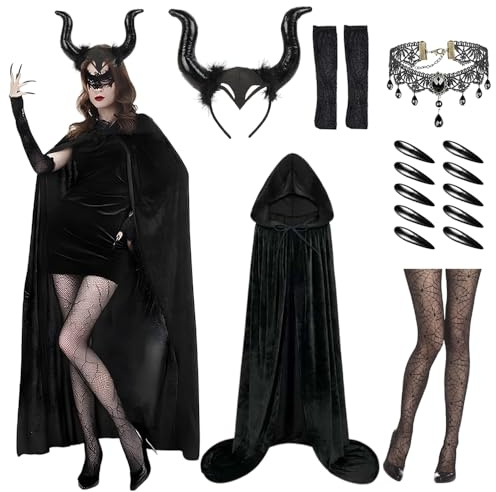 Halloween Kostüm Damen Set,Malefiecent Umhang,Teufel Umhang Devil Costume | Malefiecent Kostüm mit Schlafmaske, Teufel Kostüm Damen mit Kopfschmuck Hörner & Malefiecent Zauberstäbe Halskette Armband
