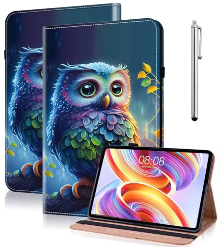 YiChZhe Hülle für Fire HD 8(12./10.Gen,2024/2022/2020 Release) mit Stifthalter,Dünne Leichte PU Leder Stoßfeste Tablet Hülle für Fire HD 8/Plus/Kids/Kids Pro mit Kartensteckplatz-Blau Eule
