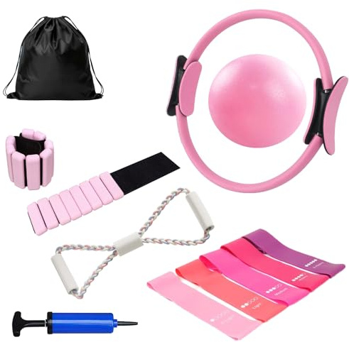 YXCHEMIN Home Pilates Essentials Kit für Frauen, Pilates-Ausrüstung, magischer Kreisring und Ball-Set, verstellbare Knöchel-Handgelenk-Gewichte, Widerstandsbänder, Fitnessgerät-Zubehör für