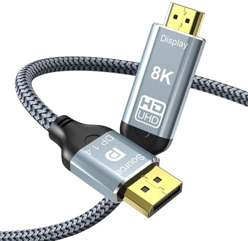 Cable DisplayPort a HDMI 8K de 6.6 pies, 8K a 60Hz 4K a 120Hz unidireccional DP1.4 (fuente) a HDMI 2.1 (pantalla), DP a HDMI compatible con HDCP 2.3 HDR10 para AMD, NVIDIA, monitor y PC