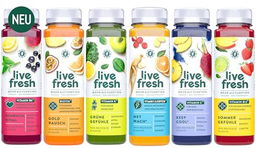 LiveFresh Säfte mit Vitaminen – 24x250ml – Probierpaket 6 kaltgepresste¹ Frucht– & Gemüsesäfte (250ml) – Vitamin B6, B12, C, K & Biotin – Ohne Zucker & Zusätze