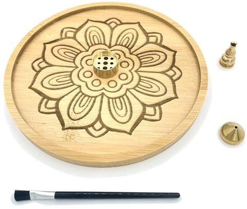 CBRVTY Portaincenso 5-in-1 con motivo loto in bambù, diametro 15,5 cm, grande portaincenso con 3 bastoncini di incenso in ottone e coni di incenso per accessori da meditazione