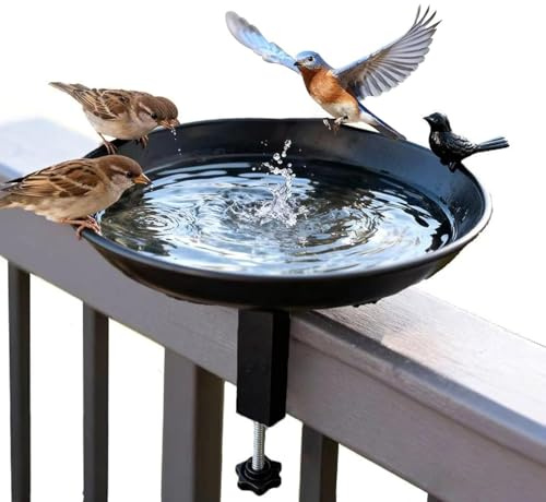 YFCJYBF Silberfarbene Chry Vogeltränke für Balkongeländer – winterfester Futter- und Wasserteller aus Gusseisen für Terrasse, Innenhof und Garten