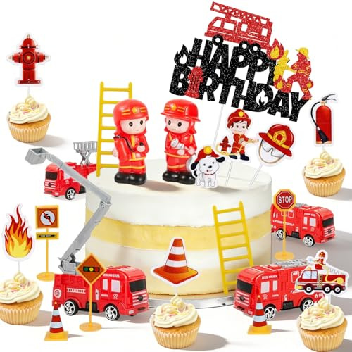 Feuerwehrmann Tortendeko Set, CIYIN Feuerwehrauto Kuchendekoration Topper, Kuchendeko mit Happy Birthday Topper für Feuerwehrmann Geburtstagsparty (A)