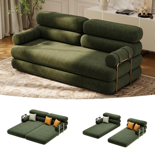 Homary Schlafsofa mit Schlaffunktion Klappbares, Samtbezug Sofa Bed Klappbett, 3-Sitzer Big Sofa 206 cm, Moderne Weiße Sofa mit Nackenkissen, Sofas & Couches für Wohnzimmer, Gästezimmer (Olivgrün)