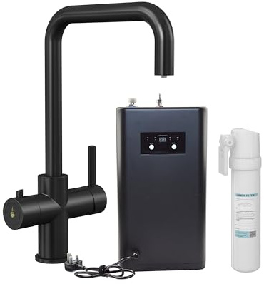 Flode 4 in 1 Instant Hot Water Kitchen Tap Kit - Matt Black Finish - with Space Saving Corner Tank and Carbon Filter
