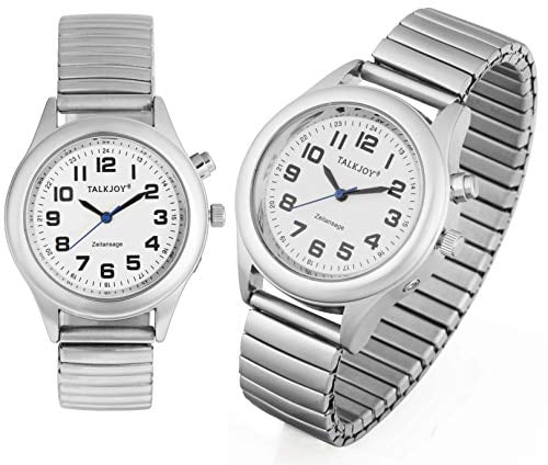 TalkJoy Profi Herren Sprechende Armbanduhr Silber Uhr Blindenuhr Zeitansage Kalender