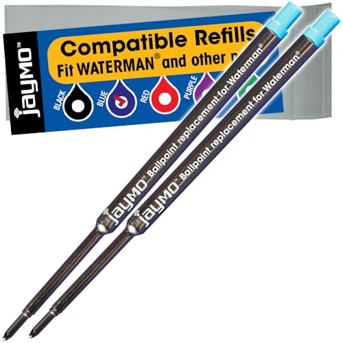 Jaymo Replacement for Waterman 834264 - Measures 4.4 in / 112 mm Long - Ballpoint Pen Refill - 2 Blue