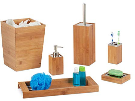 Relaxdays Bad Set, 6-teilig, Bambus, Seifenspender, Seifenhalter, Bürstenhalter, Zahnputzbecher, Ablage, Badeimer, natur, 20 x 20 x 26,5 cm